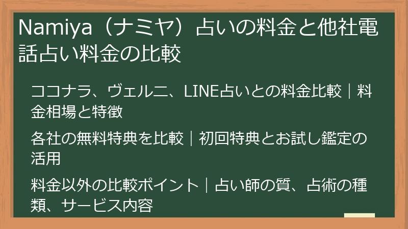 Namiya（ナミヤ）占いの料金と他社電話占い料金の比較