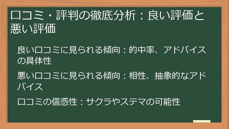 口コミ・評判の徹底分析：良い評価と悪い評価