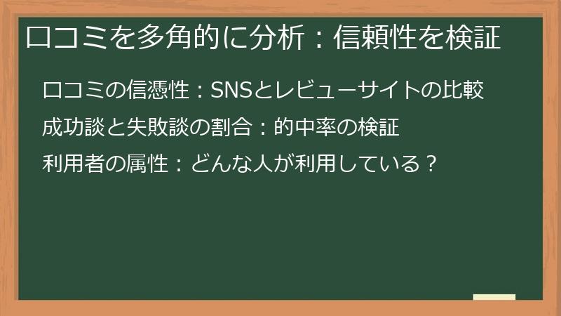 口コミを多角的に分析：信頼性を検証